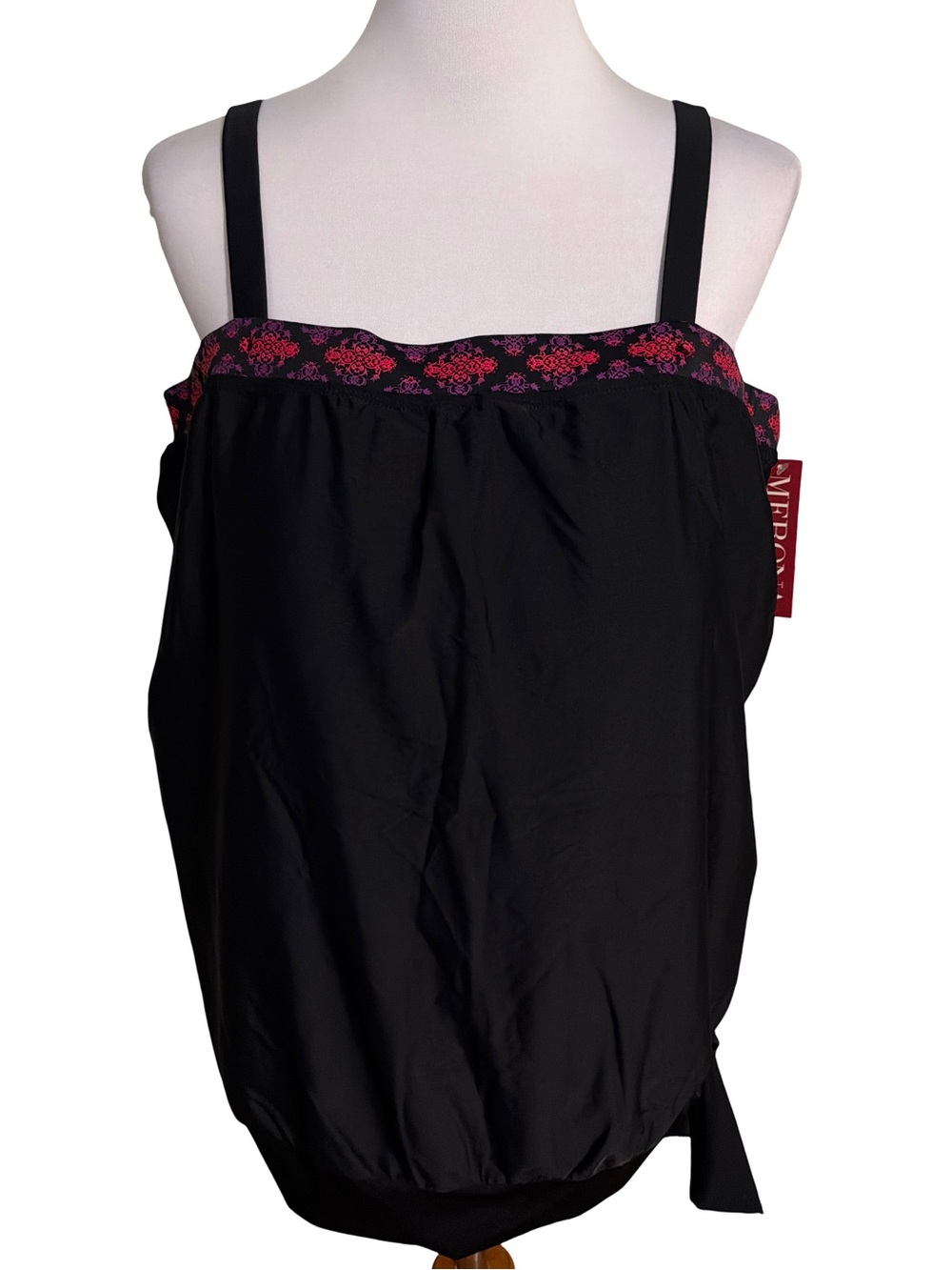 Merona Black Tank Top Pink Floral Trim Self Bra